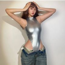 Metallisches Rave-Outfit für Damen, Tanga-Body mit hohem Beinausschnitt, Festival-Kostüm, sexy Tank-Top-Bodysuit, Trikot