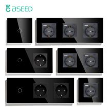 BSEED 1/2/3Gang przełączniki dotykowe 1-kierunkowy włącznik światła z gniazdami ścennymi UE gniazdka USB typu c szklany panel czarny