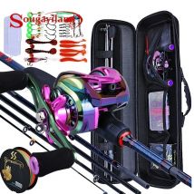 Sougayilang Fishing Rods and Reels 5 Section Carbon Rod Baitcasting Reel Travel Fishing Rod Set with Full Kits Carrier Bag