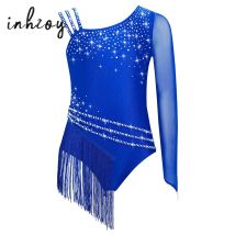 Mädchen Asymmetrische Schulter Fransen Tanz Trikot Strass Eiskunstlauf Rhythmische Gymnastik Quaste Body Kleid Dancewear
