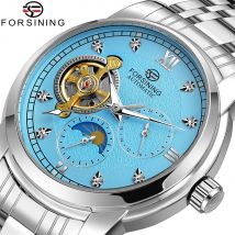 Forsining Herrenmode Luxus Business Metallarmband Tourbillon Leuchtende automatische mechanische Uhr Künstliche Diamant-Armbanduhr