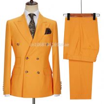 2024 neues Design Zweireiher Herren Anzug orange Slim Fit Peak Revers Hochzeits anzüge für Männer Prom Blazer Bräutigam Smoking Jacke Hosen