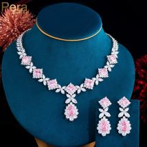 Pera Süße Rosa Zirkonia Lange Wasser Tropfen Anhänger Halskette Ohrringe Schmuck Sets für Frauen Hochzeit Party Zubehör J108
