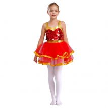 Children Girls Ballet Dance Jazz Skating Gymnastics Acrobatics Tutu Dress Sleeveless Shiny Sequins Mesh Leotard Dancewear