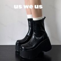 Frauen Stiefeletten High Heels Plattform 2025, Herbst Keile Goth Schuhe Mode Punk Zipper Frauen Leder Chunky Pumps Botas Mujer