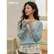 MISHOW Blaue Argyle-Strickjacke für Damen, 2025, Herbst, V-Ausschnitt, tiefe Ärmel, Strickjacke, ausgehöhlte Wollmischung, Oberteil MXE41Z1313