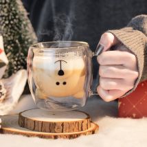 Cute Bear Double Wall Glass Coffee Cup,Cartoon Glass Mug for Ice Coffee Milk Tea,Cute Drinkware Christmas Gift Women's Day Gift