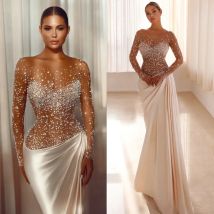 Splendido abito da sposa con perline illusione scintillante trasparente scoop sirena abito da sposa moda maniche lunghe abiti da sposa personalizzati