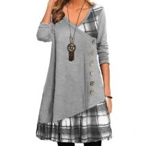 Frauen einreiher Dekoration Kleider Elegante Pendler Plaid Kleid Herbst Täglichen Langarm Kleid Weibliche V-ausschnitt Pullover Kleid