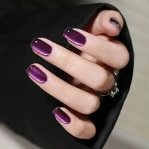24/96pcs Charming Purple Glitter Cat Eye Press-On Nails Elegant Short Square Fake Nails Fully Cover Reusable Nails Tip For Woman