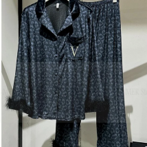 Luxury Leopard Top&pants Fashion Feather Sleeve Design Outfit Winter Women's Pajamas Warm Homewear 2Pcs Pyjamas Femme Nightwear