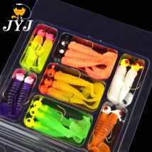 JYJ 34 Stück 1 Set Metall Jig Kopf Angelhaken Weicher Wurm Köder Grub Silikon Fisch Künstlicher Köder Tackle