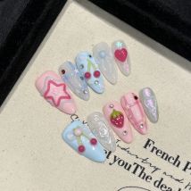 Handgemachte Press on Nails Ins süße rosa blaue Farbe künstliche Nägel für Mädchen tragbare 3D Cherry Love Star koreanische süße falsche Nagelspitzen