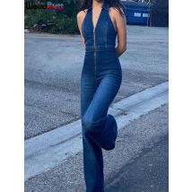 Seltsame Puss Baumwolle Elegante Denim Overall Frauen Ärmellose Zipper Fashion Hipster Casual High Street Breite Beine Active Outfits
