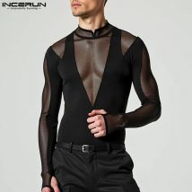 INCERUN Mode Homewear Overall Neue Männer Sexy Mesh Spleißen Strampler Dünne Enge Stehen Neck Langarm Dreieck Bodys S-5XL