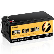 RVPOZWER LiFePO4 Lithium-Eisen-Batterie 12V 300Ah mit BMS Tragbarer 3840WH 25000 Zyklen Solar-Aufladbarer Akku für Wohnmobile und Boote