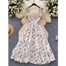 Damenkleider 2026 Sommer Mode Quadratischer Ausschnitt Ärmellos Einreihig Süßes Kirschdruck-Kleid Sexy Partykleid