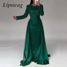 Frauen Chic Langarm Volle Länge Party Kleid Elegante Satin Pailletten Nähte Kleid Luxus Glitter Hohe Taille Gala Abendkleid