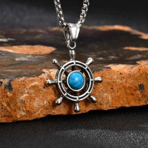 Stainless Steel Rudder Turquoise Necklace for Men,Silver Color Natural Stone Metal Pendant,Trendy Healing Jewelry Gift