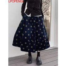 Neuer Retro-Cord-Distressed-Rock für Damen, vielseitiger Herbst und Winter 2025, gepunkteter Regenschirm, hoch taillierter Blumen-A-Linien-Rock