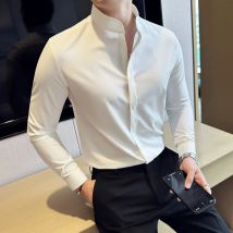 Camicia con colletto alla coreana in stile cinese per uomo camicie Casual da lavoro a maniche lunghe in tinta unita camicetta Streetwear sociale Slim Fit