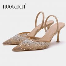 Sandali da donna nuovi estivi con strass Maglia brillante Tacchi alti Calzature Eleganti Slingback a punta Slip on Party Lady Pumps Shoes