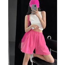 Xpqbb 2025 Summer Casual Shorts Women Solid Color Elastic Waist Wide Leg Shorts Woman Blue Green Black Loose Sports Short Pants