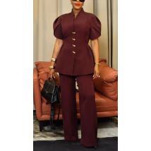 Elegant and Personalized Floral Bud Sleeves, Waist Cinched Button Up Suit Jacket and High Waisted Straight Leg Pants Set