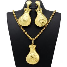 Halskette italienischen Schmuck Set Dollor Glück Geld Tasche Anhänger Ohrringe afrikanischen Dubai 24 Karat vergoldeten Hochzeits schmuck Geschenke