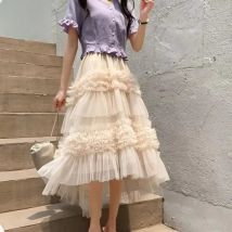 Frühling Sommer Unregelmäßige Hohe Taille Mesh Kuchen Langen Rock Für Frauen 2025, Elegante Casual Einfarbig Strand Tüll Röcke