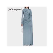 TWOTWINSTYLE Dimagrante Pieghe Impiombate Temperamento Abiti per Le Donne Girocollo Maniche Lunghe Patchwork Nastro Abito Abbigliamento Femminile