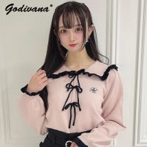 Japanische süße gekräuselte Revers schleife weiche Mädchen Damen Langarm Stickerei Pullover Strick pullover Herbst und Winter Strickwaren