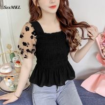 Sommerliches Puffärmel-Korsett-Top für Damen 2026 – Modische, lässige Mesh-Patchwork-Bluse im koreanischen Stil, schmal geschnitten, sexy Chiffon-Blusen in Schwarz
