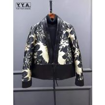 Neue chinesische Art gedruckt Patchwork elegante Frauen Schaffell Echt lederjacke V-Ausschnitt Frühling Herbst Büro Damen Kurz mantel