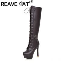 Reave Katze Damen kniehohe Stiefel runde Zehen Schnürung 13cm Plattformen Stöckel absatz Schuhe us14