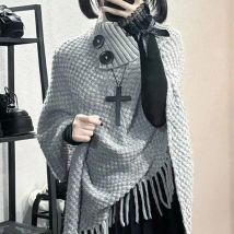 Grey Vintage Knit Cape Women Tassels Chic Loose Harajuku Sweater Pullover Pretty Style Lazy Streetwear Y2K Female Coat