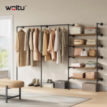 WOLTU Armadio aperto a parete con 1 e 5 ripiani in MDF Appendiabiti in tubo d'acciaio Appendiabiti in stile industriale per guardaroba camera da letto