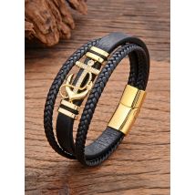 New In Cubic Zirconia Anchor Bracelets Black Weave Genuine Leather Bracelet & Bangles For Men Fashion Jewelry Christmas Gift