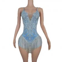 Sparkly Blau Silber Strass Fransen Body Frauen Sexy Leistung Tanz Kostüm Nachtclub Outfit Sänger Tänzer Bühne Tragen