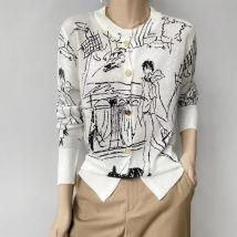 Primavera autunno nuovo Cardigan lavorato a maglia di lana 2024 femminile stampa Graffiti Pullover allentato manica lunga girocollo sottile maglione cappotto