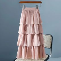 2024 neue Frühling Sommer Frauen hohe Taille schlanken langen Rock koreanische Mode helle Oberfläche einfarbig geschichteten Kuchen Rock