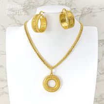 Dubai 18K Gold Plated Jewelry Set Round Textured Pendant with Chain Necklace Earrings Bridal Party Wedding Jewellery Gifts