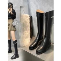 Genuine Leather Thick-Soled Autumn Winter New Style Chunky Heel Rhinestone Buckle High Tube Riding Over-The-Knee Long Boots