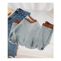 Spring New Style Color Block Long Sleeve round Neck Base Shirt Women's Retro Striped T-Shirt Asymmetrical Hemline Casual Cotton