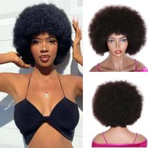Fluffy Afro Kinky Curly Human Hair Wigs With Bangs 70s Natural Short Bob Wigs For Women Cheap Retro Cosplay Full Machine Wigs