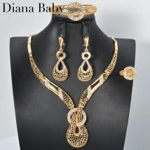 Jewelry Sets 4PCS Bangle Woman Gold Plated Neck Choker Big Earrings for Bridal Engagement Anniversary Resizable Ring Luxury