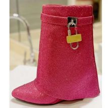 New Luxury Crystal Women Shark Lock Brand Mid-Calf Boots for Woman's Pointed Toe Wedges Rhinestone Botas Mujer 2025 Wedding Shoe