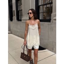 Solide Spitze Patchwork Sling Tops Dame Casual Ärmellose V-ausschnitt Chic Lose Backless Kurze Weste 2025, Sommer Urlaub Straße Tragen