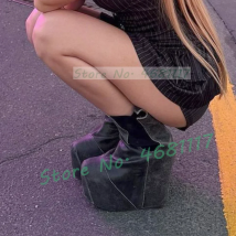 Vintage Plateau Chelsea Stiefeletten Damen Schwarz Keile Punk Blockabsatz Schuhe Coole Mädchen Nubukleder Runde Zehen Winterstiefel