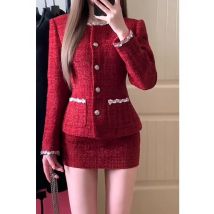 Zweiteiliges Set für Damen, rotes Tweed-Anzugset mit Blazer und Rock, Spitzendetail und Knöpfen, schickes Modeset für lässige formelle Veranstaltungen